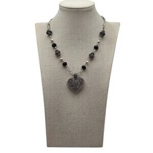 Marcasite Style Filigree Heart Pendant Necklace Boho Gothic